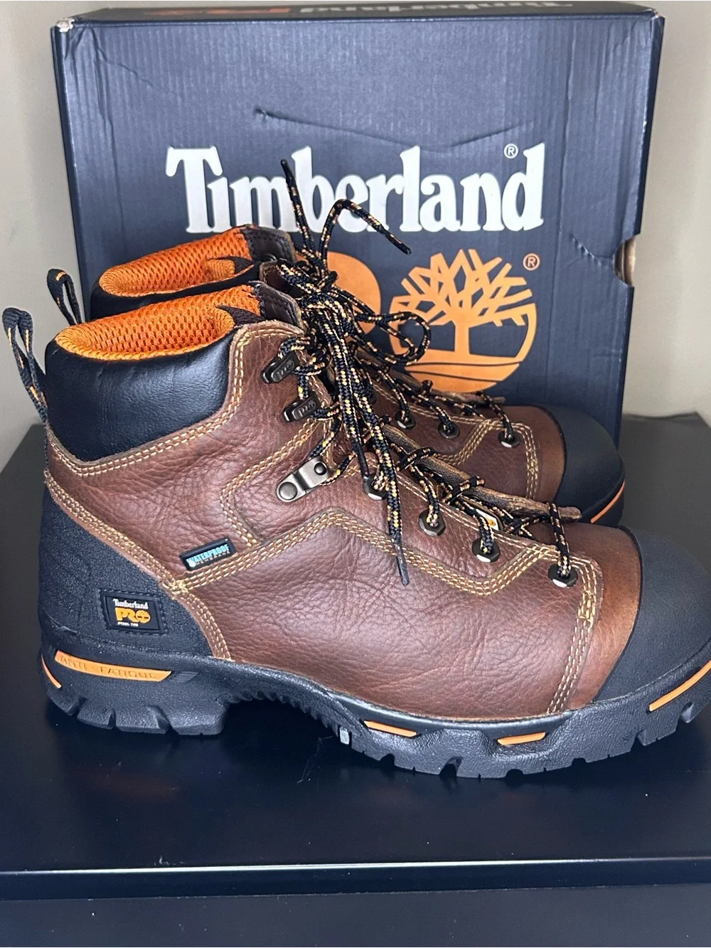 Timberland PRO Men's Brown and Black Leather Work Boots with Orange Accents